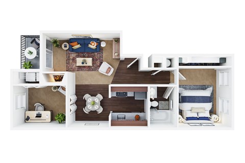A top-down view of a small apartment layout with a kitchen, living room, and bedroom.